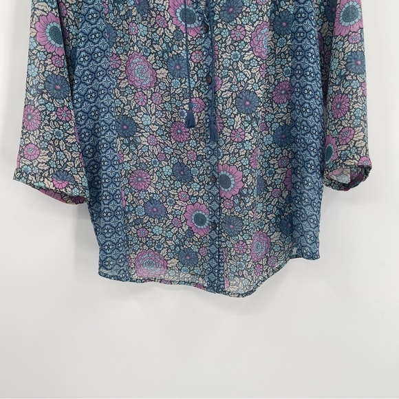 J. Jill Blue Floral Print Tassel Tie Peasant Top Size Small Petite button front - Picture 3 of 11